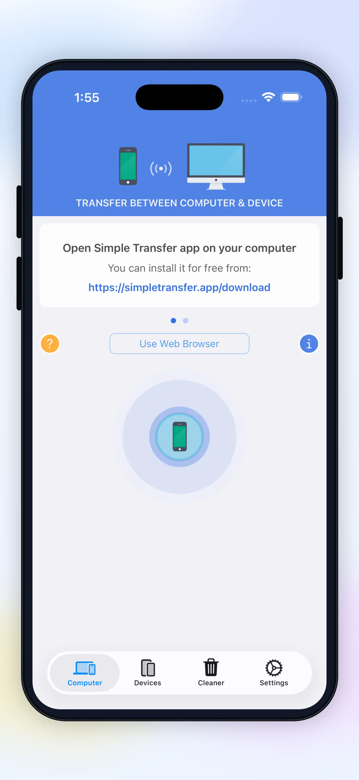 Simple Transfer Computer tab on iPhone